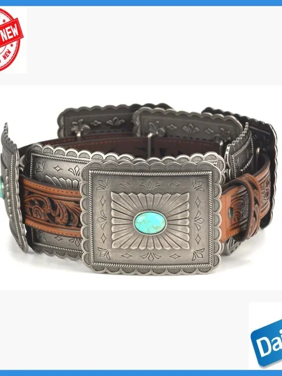 Leather Western Belt with Concho Buckle, Size Small, 1.5" Width - Picture 7 of 7
